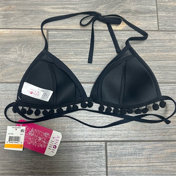 NWT Hula Honey Halter Pom Pom Bikini Swim Top Black Size Small - Picture 9 of 13